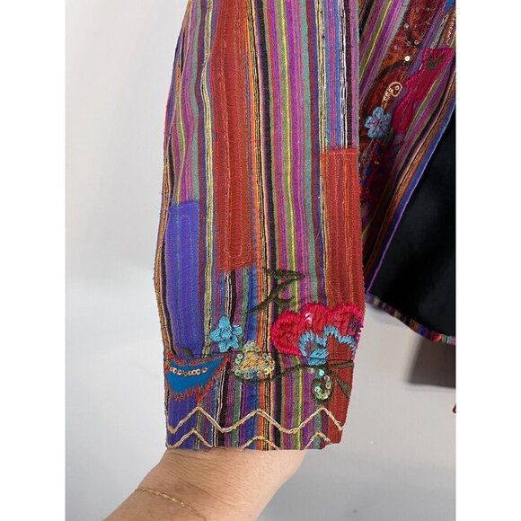 Chicos Silk Floral Jacket L Red Striped Beaded Artsy Boho Sequin Embroidery Chic - Picture 6 of 16
